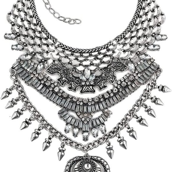 Jewelry - Long Tassel Chunky Boho Coin Statement Necklace For Women Silver